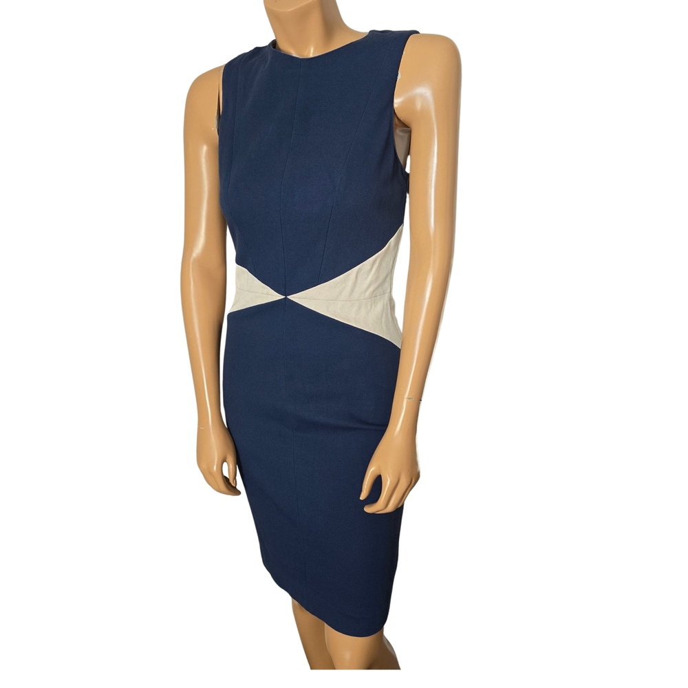 Judith Charles Asymmetrical Blue and Cream Sheath Midi Dress